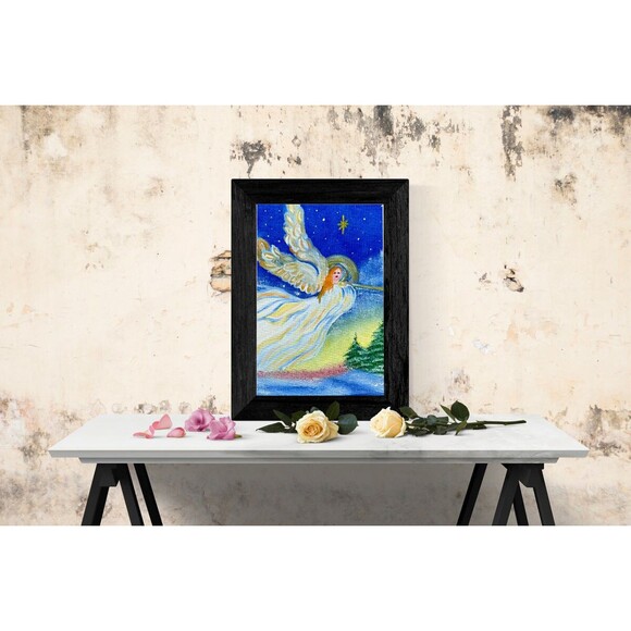 Original Oil Painting Angel Trumpet Christmas Winter Night Sky 8x10 Canvas Art - Picture 2 of 11